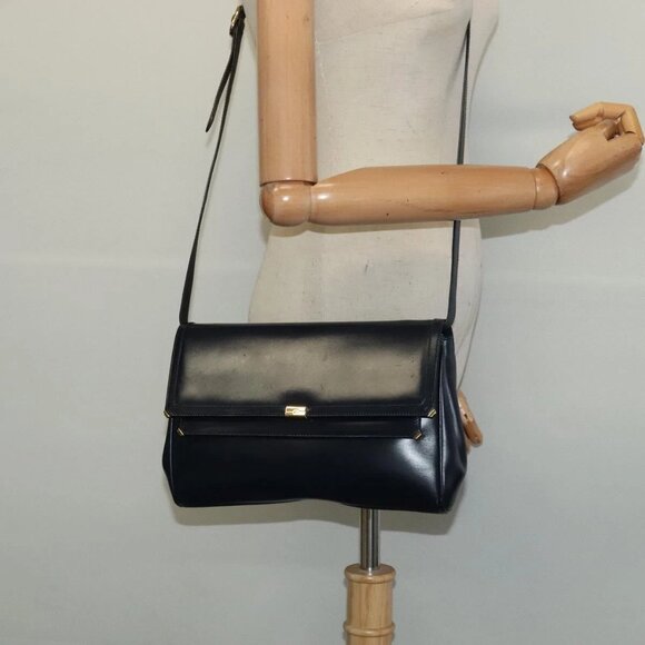 GUCCI Shoulder Bag Leather Vintage Navy Gold Auth BA4457 - Picture 1 of 15